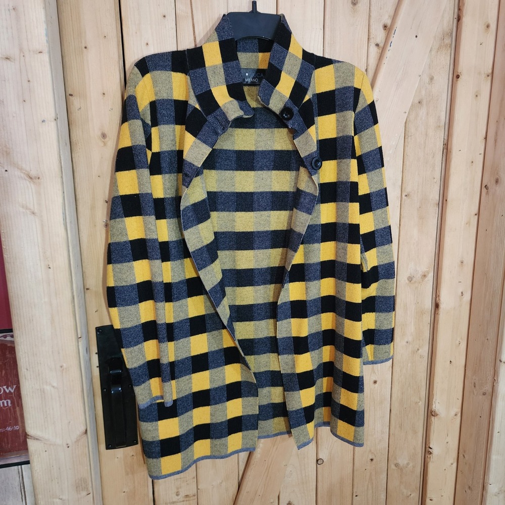 P. Luca Milano Womens Yellow Black Plaid Mock Neck Cardigan Sweater SK5906 Small